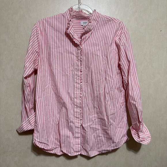 Crown & Ivy Pink White Striped Cotton Stretch Ruffle Button Up Top - Picture 1 of 6